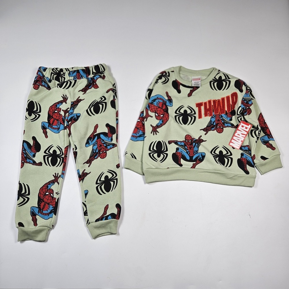Marvel Spiderman Set Kids 4 Green Fleece Sweatshirt‎ Joggers THWIP Pants